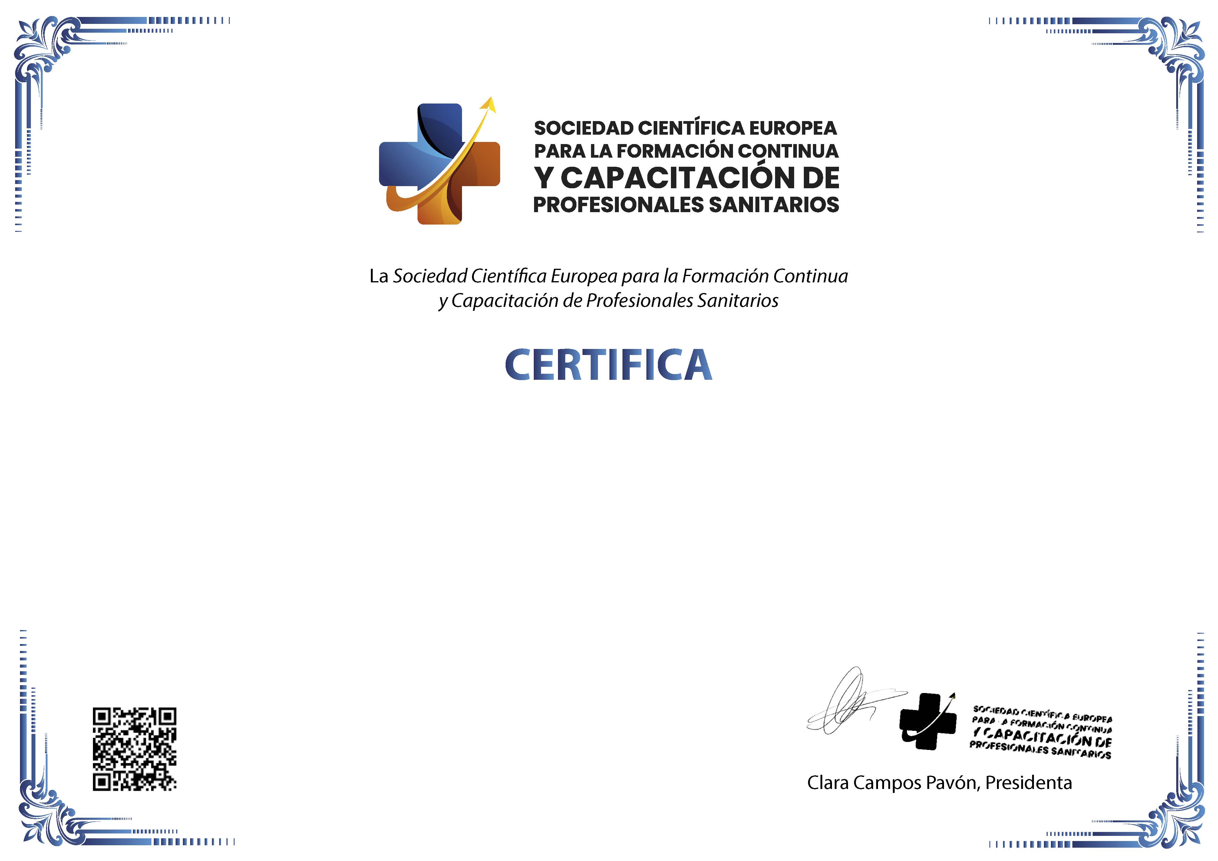 Parte delantera del certificado de la Sociedad Científica