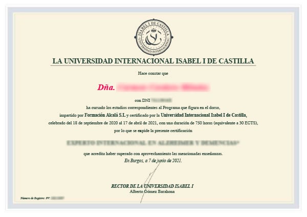 Parte delantera del certificado